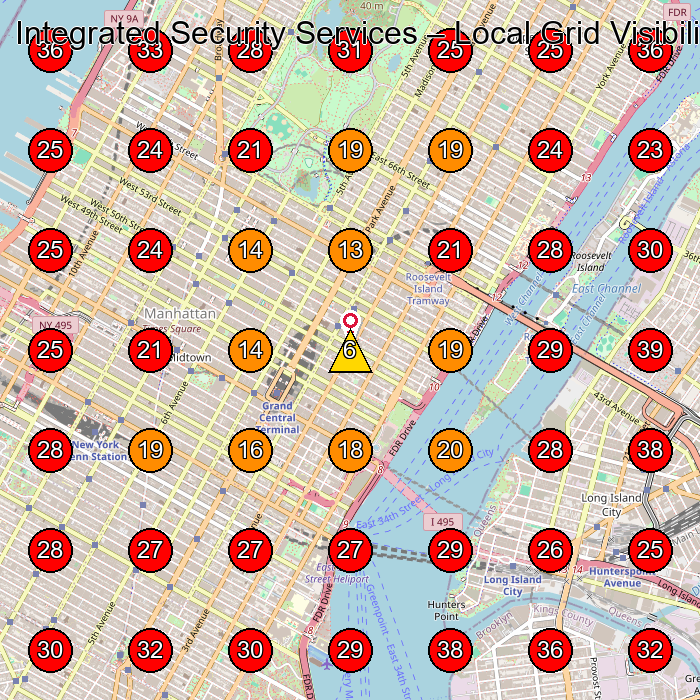 Integrated Security Services GeoGrid visibility map for Private Investigator in New York